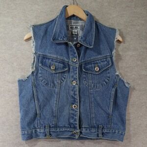 Miss Juli Denim Vest Medium Vintage 90s Flannel Star Lined Raw Edge Trucker